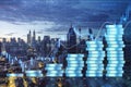 Creative forex chart hologram with growing stacked coins on blurry night city backdrop. Financial growth, trade and market concept