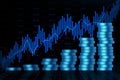 Creative forex chart hologram with growing stacked coins on dark background. Financial growth, trade and market concept. 3D