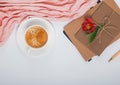 Creative frame with coffee, envelopes and flower. Royalty Free Stock Photo