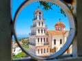 Creative framing element on the image of the church of the Monastery of Saint Raphael, Lesbos, Greece Royalty Free Stock Photo