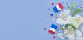 french style background with french republic flags, stars and white lilies