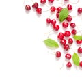 Creative fresh cherry pattern background with copy space. Food concept.  Top view. Royalty Free Stock Photo