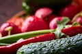 Creative fresh vegetable salad with ruccola, cucumber, tomatoes and raddish on white plate, selective focus Royalty Free Stock Photo