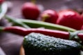 Creative fresh vegetable salad with ruccola, cucumber, tomatoes and raddish on white plate, selective focus Royalty Free Stock Photo