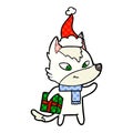 A creative friendly comic book style illustration of a christmas wolf wearing santa hat