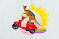 Creative funny collage of advert kids playing game fantasy story dino drive fast motor bike under flower sun rays