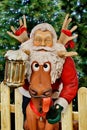 Creative funny sculpture of Santa Claus on reindeer having mug of beer against Christmas tree