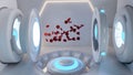 Creative future technology red blood cells and robot medical devices in a room 3d-illustration Royalty Free Stock Photo