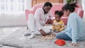 Creative game, imagination child and toy. Cute mum and her child playing with wooden block bricks toy. Happy loving family mother Royalty Free Stock Photo