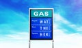 Creative gas prices sign with words Wat The Hek isolated in sky background with space for copy.