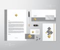 Creative Geometry and Gold Realistic Vector Stationary Set wih Soft Shadows. Good as Template or Mock Up for Business