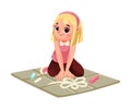 Creative Girl on the Floor Drawing with Chalks Engaged in Workshop Activity Vector Illustration