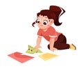 Creative Girl on the Floor Folding Origami Paper Engaged in Workshop Activity Vector Illustration