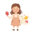 Creative Girl Glueing Autumn Leaf on Paper Making Handcrafted Item Vector Illustration