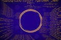 Creative glowing blue coding programming background with blank round mock up frame. Big data and code concept.