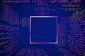 Creative glowing blue coding programming background with blank square mock up frame. Big data and code concept. Royalty Free Stock Photo