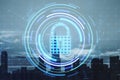 Creative glowing blue padlock hologram on blurry city backdrop. Secure, safety, database and web protection concept. Double