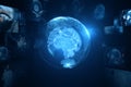 Creative glowing digital blue globe hologram on dark backdrop. Digital world, global hacking protection and hud concept. 3D