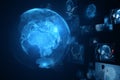 Creative glowing digital blue globe hologram on dark background. Digital world, global hacking protection and hud concept. 3D