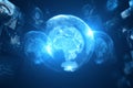 Creative glowing digital globe hologram on dark wallpaper. Digital world, global hacking protection and hud concept. 3D