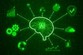 Creative glowing digital brain hologram on blurry green background with binary coding. AI and futuristic hud elements. 3D Royalty Free Stock Photo