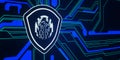 Creative glowing digital shield with fingerprint on dark circuit backdrop.
