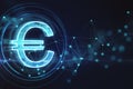 Creative glowing euro hologram on dark backdrop. Futuristic hi-tech digital money and electronic economy of the future concept. 3D Royalty Free Stock Photo