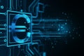Creative glowing euro hologram on dark wallpaper. Futuristic hi-tech digital money and electronic economy of the future concept. Royalty Free Stock Photo
