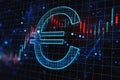 Creative glowing euro hologram and forex chart on dark background. Money, trade, market, online banking app, currency and finance Royalty Free Stock Photo