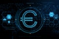 Creative glowing euro sign hologram on blurry blue grid background with coding. Online banking, cryptocureency and innovation Royalty Free Stock Photo