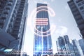 Creative glowing euro sign hologram on blurry city buildings backdrop. Online banking, technology and currency concept. Double Royalty Free Stock Photo