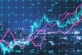 Creative glowing forex index chart with grid on toned city wallpaper. Market, finance and online trading concept. Double Royalty Free Stock Photo