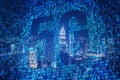 Creative glowing 5g hologram with binary code on night city background. Mobile internet speed concept. Royalty Free Stock Photo