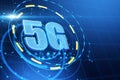 Creative glowing 5G interface on blue background. Mobile internet, technology and speed concept. Royalty Free Stock Photo