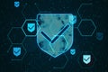 Creative glowing hexagonal shield hologram with binary coding on blurry background. Safety and internet concept. Royalty Free Stock Photo