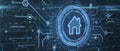 Creative glowing house icon on background with circuit. Remote control and smart home concept. 3D Rendering Royalty Free Stock Photo