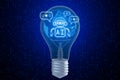 Creative glowing light bulb with robot and globe ai hologram on dark blue pixels background. Machine learning, artificial Royalty Free Stock Photo