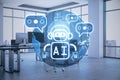 Creative glowing robot and globe ai hologram on blurry office interior backdrop. Machine learning, artificial intelligence and