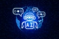 Creative glowing robot and globe ai hologram on dark blue pixels background. Machine learning, artificial intelligence and