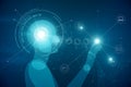 Creative glowing robot hologram on background. AI and robotics concept. 3D Rendering