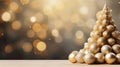 Creative gold christmas tree with balls and glitter on blurred, sparkling lights background. Festive mockup banner with baubles