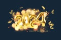 Creative golden helium balloons 2024 New Year with yellow bokeh and confetti on a dark blue background. Happy new year card, Royalty Free Stock Photo