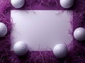 Creative Golf Themed Frame Blank White Card Surrounded by Golf Balls and Purple Decorative Shredded Paper Royalty Free Stock Photo