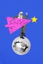 Creative graphics collage painting of funky cool santa dancing disco ball delivering christmas tree isolated blue color