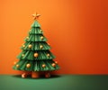 Creative green Christmas tree in paper syle with balls on orange background with copy space. Generative AI