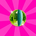 Creative green disco shaped ball with flash effect sparkle and shine as watermalon over pink background.