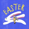 Creative greeting card design for happy easter day. Young man and drawn rabbit. Contemporary art collage. Careless Royalty Free Stock Photo