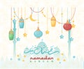 Creative greeting card design for holy month of muslim community festival Ramadan Kareem. Arabic decorations