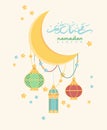 Creative greeting card design for holy month of muslim community festival Ramadan Kareem with crescent moon and lantern, stars Royalty Free Stock Photo
