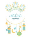 Creative greeting card design for holy month of muslim community festival Ramadan Kareem with crescent moon and lantern, stars Royalty Free Stock Photo